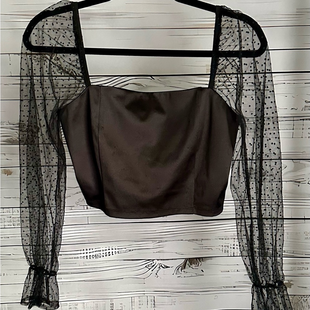 Black Sheer Sleeve Polka Dot Crop Top by Peach Puff Size L